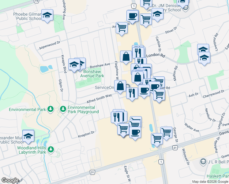 map of restaurants, bars, coffee shops, grocery stores, and more near 176 Alfred Smith Way in Newmarket
