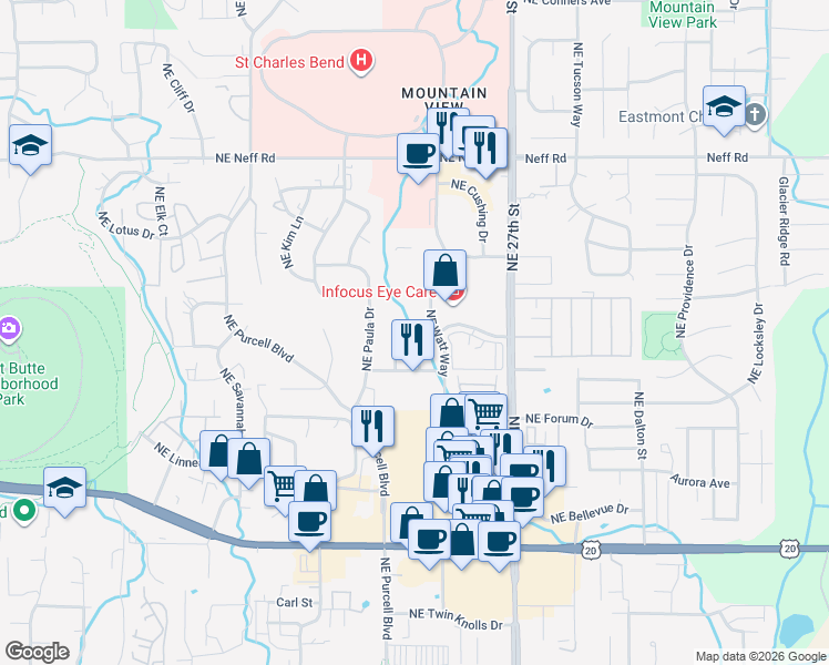 map of restaurants, bars, coffee shops, grocery stores, and more near 1075 Watt Way in Bend