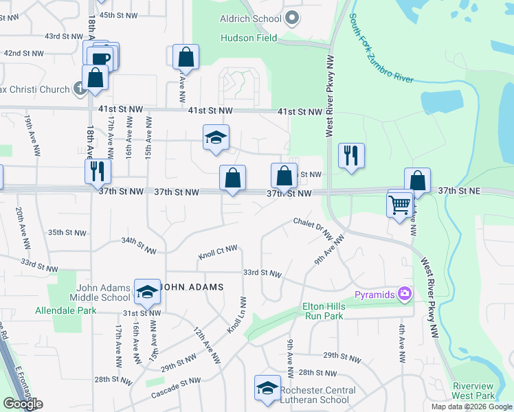 map of restaurants, bars, coffee shops, grocery stores, and more near 3607 10th Lane Northwest in Rochester