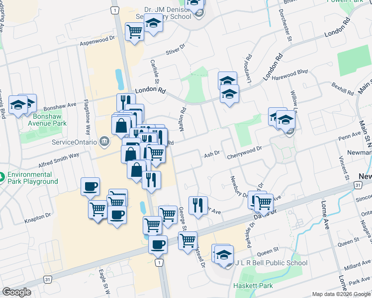 map of restaurants, bars, coffee shops, grocery stores, and more near 108 Cardinal Crescent in Newmarket