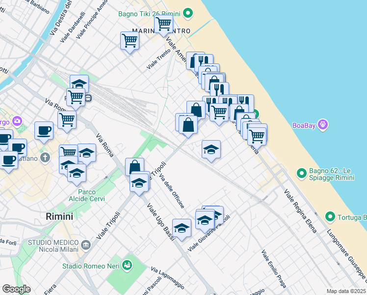 map of restaurants, bars, coffee shops, grocery stores, and more near 191 Viale Tripoli in Rimini