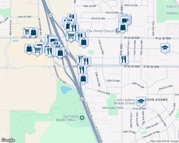 map of restaurants, bars, coffee shops, grocery stores, and more near 3610 21st Avenue Northwest in Rochester
