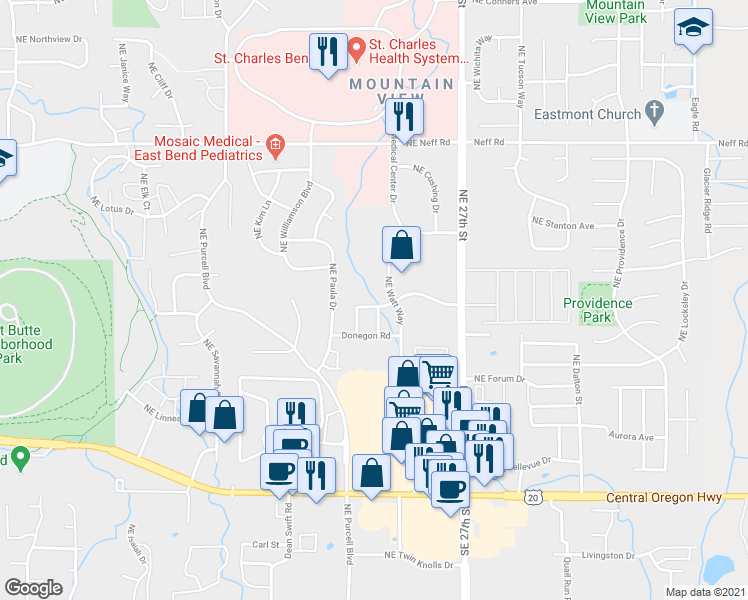 map of restaurants, bars, coffee shops, grocery stores, and more near 2382 Northeast Mary Rose Place in Bend