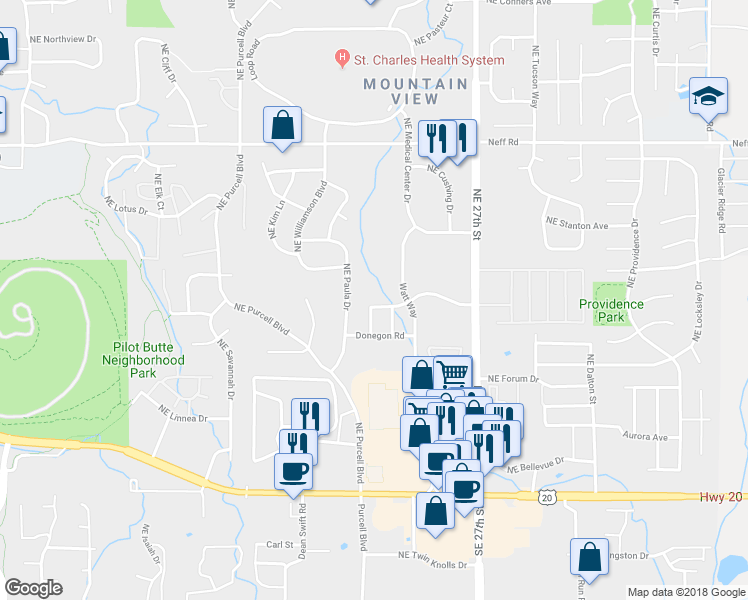 map of restaurants, bars, coffee shops, grocery stores, and more near 2382 Northeast Mary Rose Place in Bend