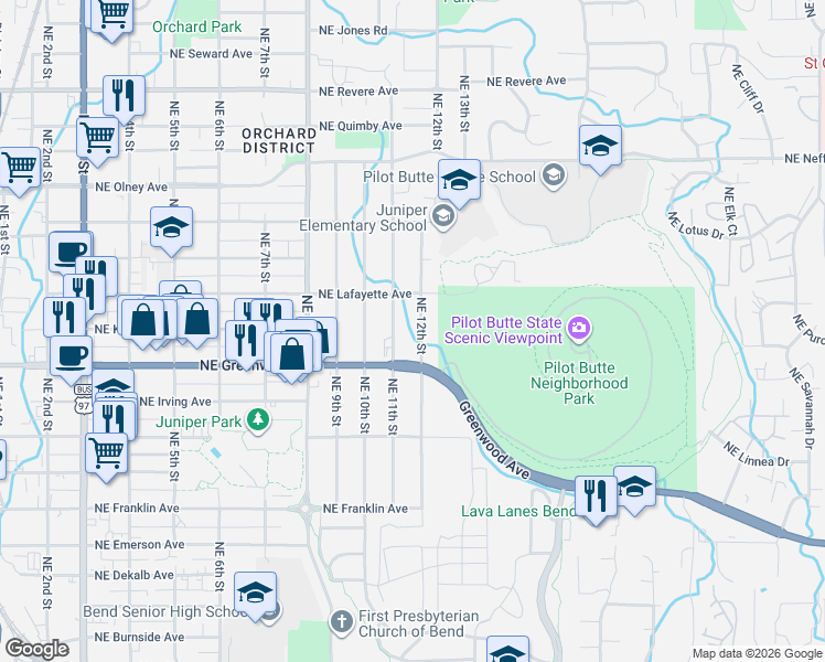 map of restaurants, bars, coffee shops, grocery stores, and more near 1054 Northeast 11th Street in Bend