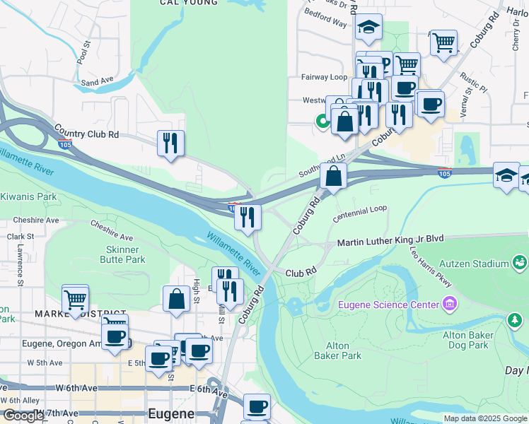map of restaurants, bars, coffee shops, grocery stores, and more near 11 Country Club Road in Eugene