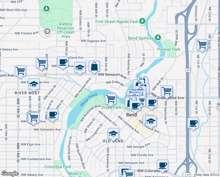 map of restaurants, bars, coffee shops, grocery stores, and more near 1 Northwest Rocklyn Road in Bend