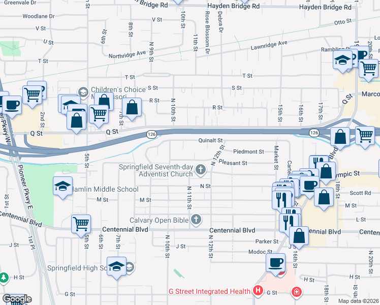 map of restaurants, bars, coffee shops, grocery stores, and more near 1092 Pleasant Street in Springfield