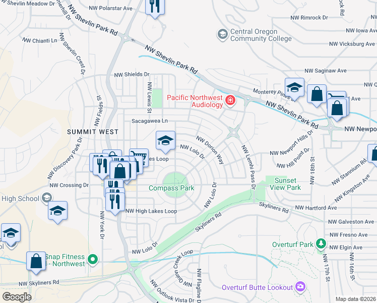 map of restaurants, bars, coffee shops, grocery stores, and more near 2421 Northwest Lolo Drive in Bend