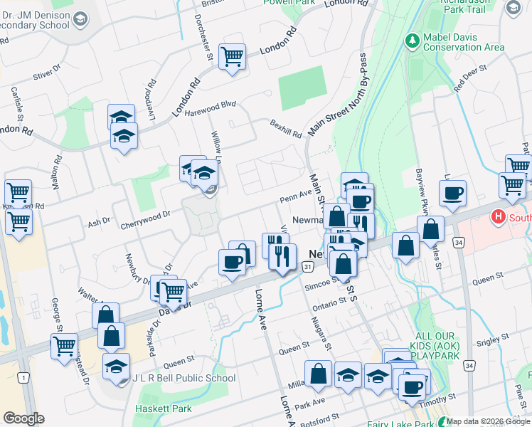 map of restaurants, bars, coffee shops, grocery stores, and more near in Newmarket