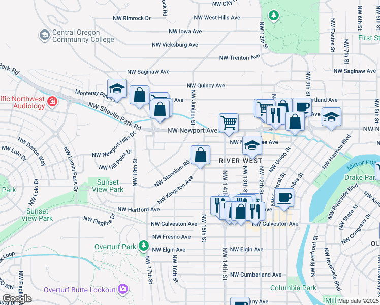map of restaurants, bars, coffee shops, grocery stores, and more near 1205 Northwest Stannium Road in Bend