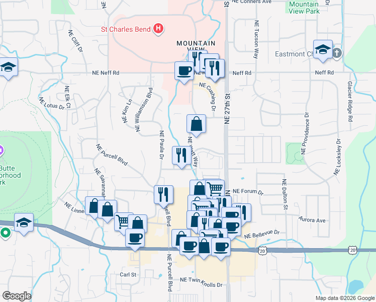 map of restaurants, bars, coffee shops, grocery stores, and more near 2398 Northeast Mary Rose Place in Bend