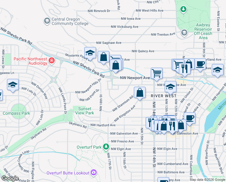 map of restaurants, bars, coffee shops, grocery stores, and more near 1214 Northwest Rockwood Lane in Bend