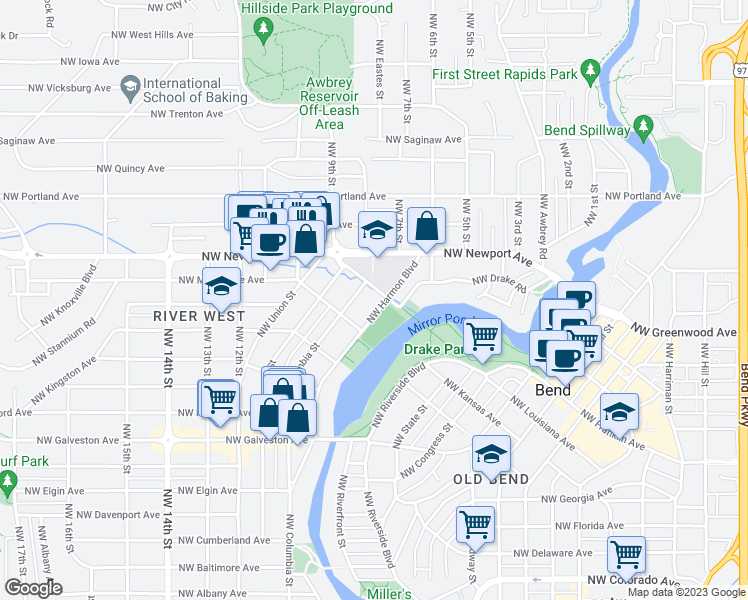 map of restaurants, bars, coffee shops, grocery stores, and more near 1363 Northwest Harmon Boulevard in Bend