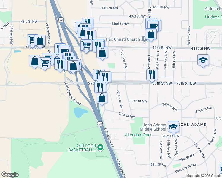 map of restaurants, bars, coffee shops, grocery stores, and more near 3610 21st Avenue Northwest in Rochester