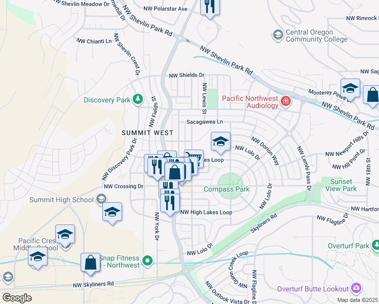 map of restaurants, bars, coffee shops, grocery stores, and more near 1231 Northwest John Fremont Street in Bend