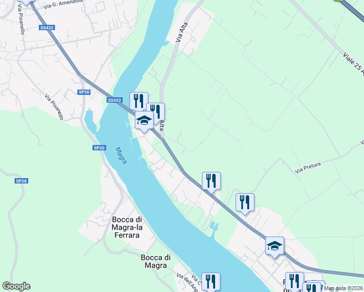 map of restaurants, bars, coffee shops, grocery stores, and more near 4 Via Margubbio in Ameglia