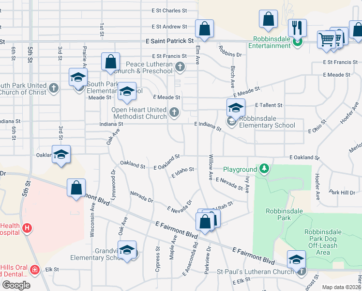 map of restaurants, bars, coffee shops, grocery stores, and more near 2507 Maple Avenue in Rapid City