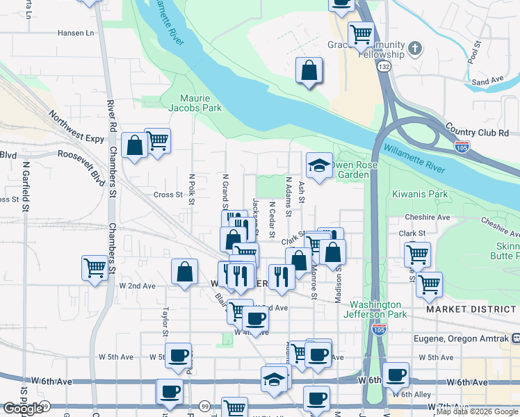map of restaurants, bars, coffee shops, grocery stores, and more near 75 Jackson Street in Eugene