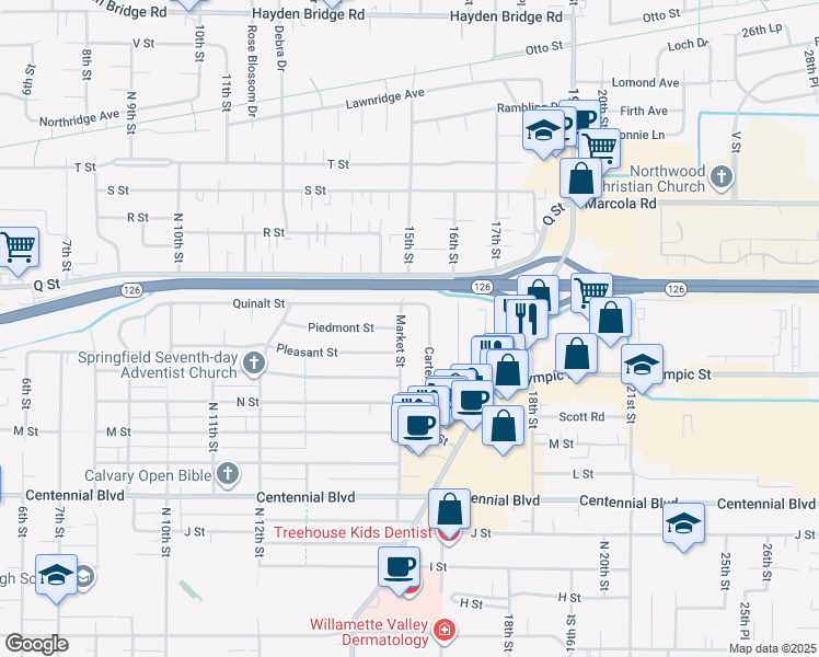map of restaurants, bars, coffee shops, grocery stores, and more near 1841 Market St in Springfield