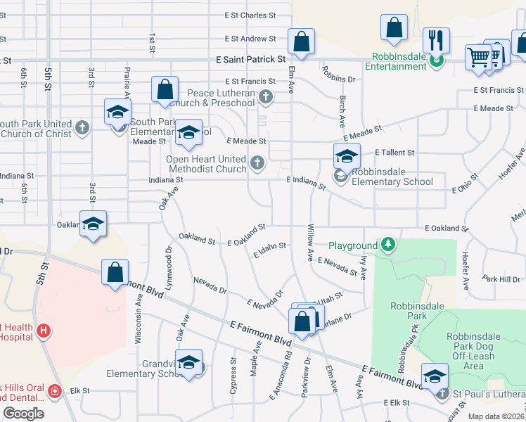 map of restaurants, bars, coffee shops, grocery stores, and more near 2507 Maple Avenue in Rapid City