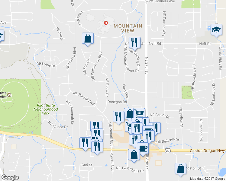map of restaurants, bars, coffee shops, grocery stores, and more near 2350 NE Mary Rose Pl in Bend