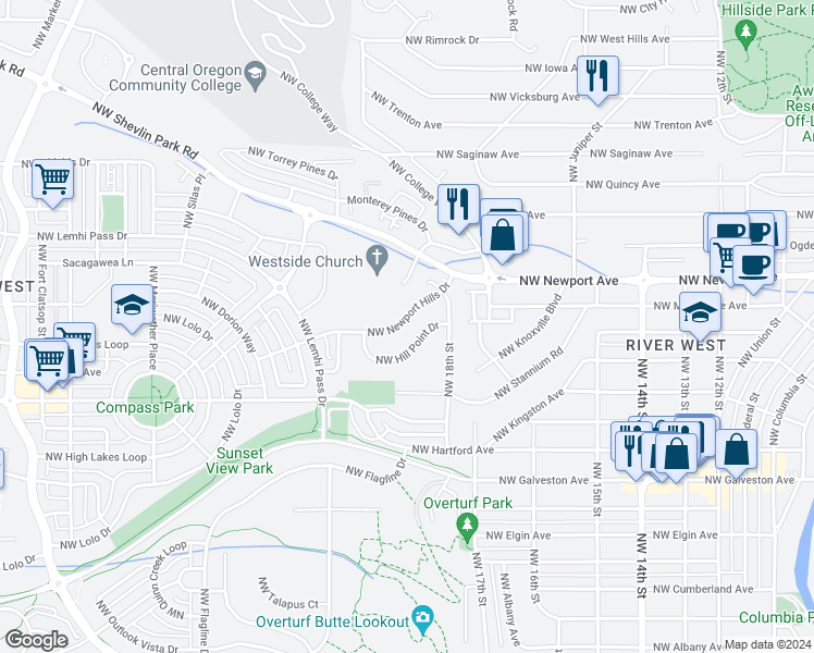 map of restaurants, bars, coffee shops, grocery stores, and more near 1919 Northwest Newport Hills in Bend