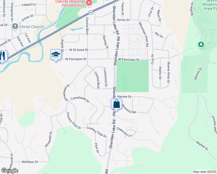 map of restaurants, bars, coffee shops, grocery stores, and more near 2422 Lockwood Drive in Rapid City