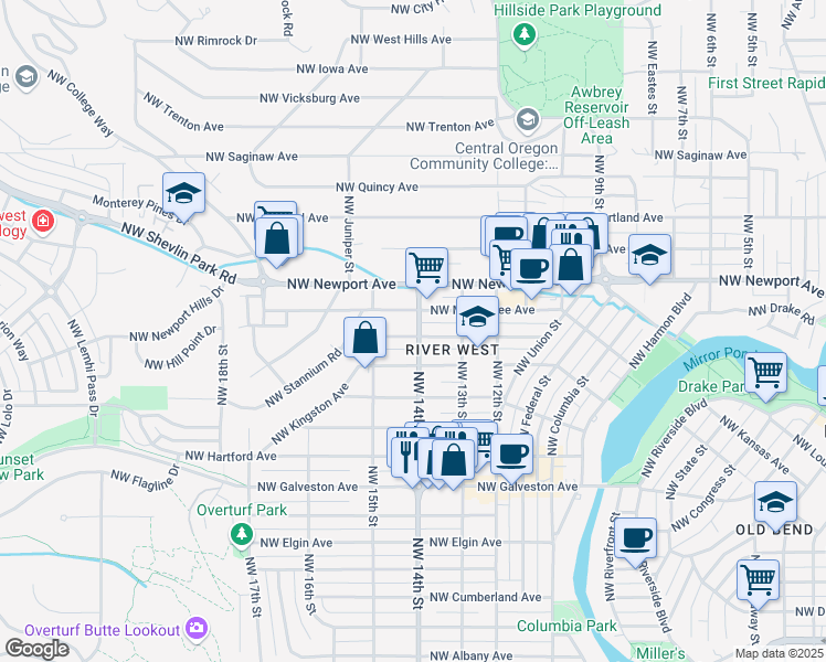 map of restaurants, bars, coffee shops, grocery stores, and more near 1402 Northwest Lexington Avenue in Bend