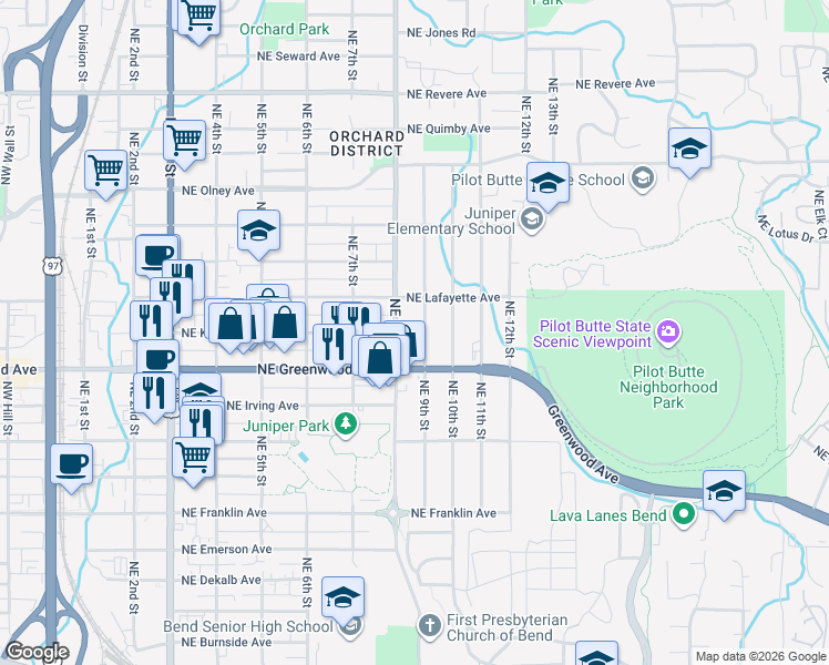 map of restaurants, bars, coffee shops, grocery stores, and more near 1093 Northeast 9th Street in Bend