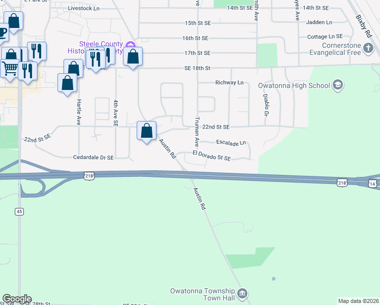 map of restaurants, bars, coffee shops, grocery stores, and more near 670 El Dorado Street Southeast in Owatonna