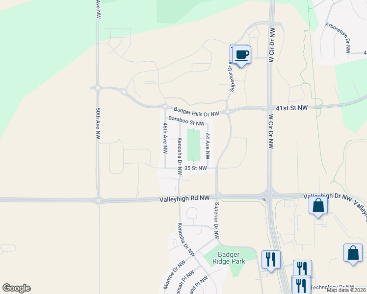 map of restaurants, bars, coffee shops, grocery stores, and more near 3662 Kenosha Drive Northwest in Rochester