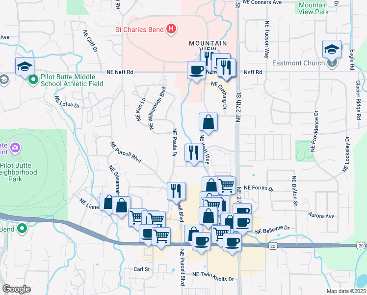 map of restaurants, bars, coffee shops, grocery stores, and more near 1060 Northeast Paula Drive in Bend