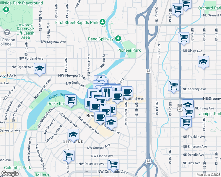 map of restaurants, bars, coffee shops, grocery stores, and more near 106 Northwest Newport Avenue in Bend