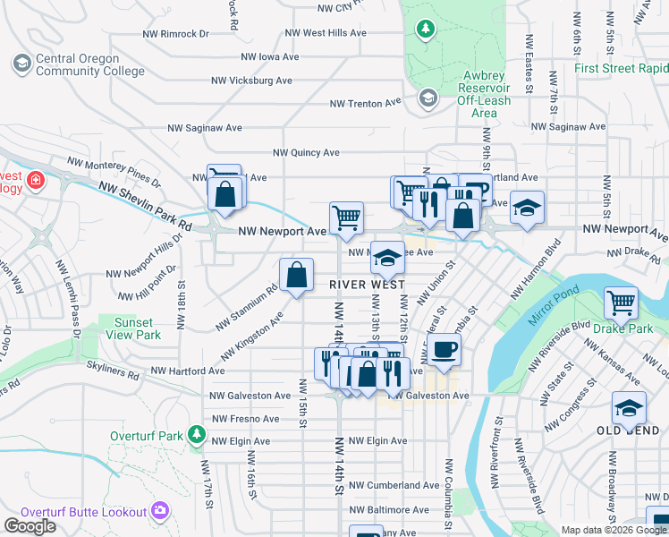 map of restaurants, bars, coffee shops, grocery stores, and more near 1402 Northwest Lexington Avenue in Bend