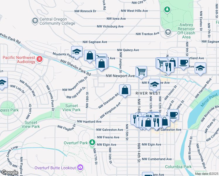 map of restaurants, bars, coffee shops, grocery stores, and more near 1693 Northwest Precision Lane in Bend