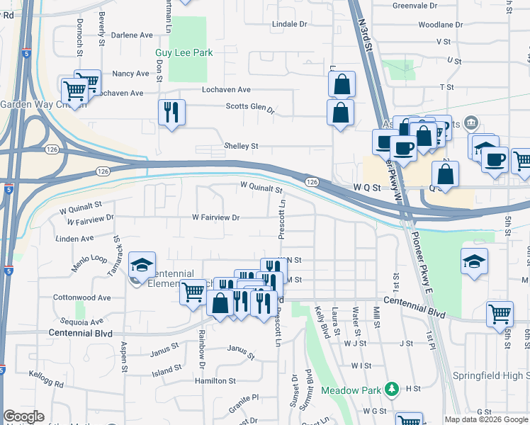 map of restaurants, bars, coffee shops, grocery stores, and more near 658 West Fairview Drive in Springfield