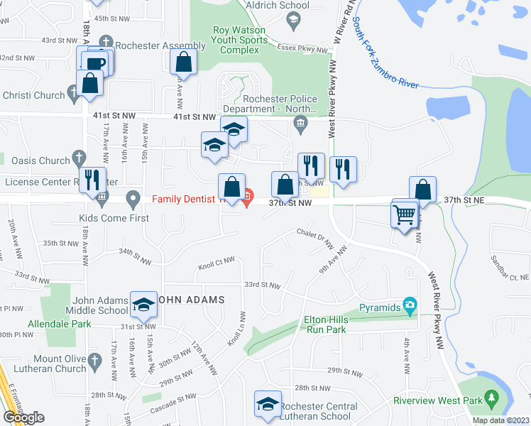 map of restaurants, bars, coffee shops, grocery stores, and more near 3619 10th Lane Northwest in Rochester