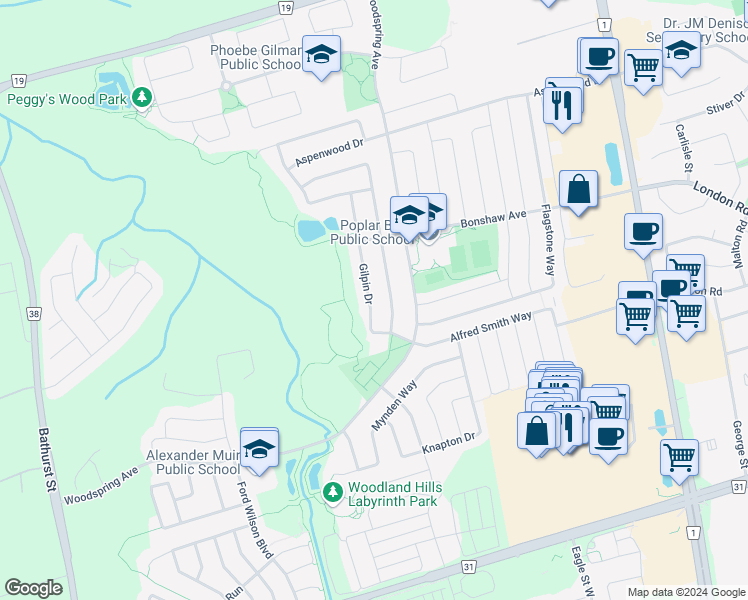 map of restaurants, bars, coffee shops, grocery stores, and more near 378 Gilpin Drive in Newmarket