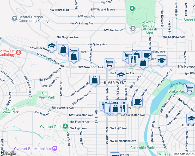 map of restaurants, bars, coffee shops, grocery stores, and more near 1472 Northwest Lexington Avenue in Bend