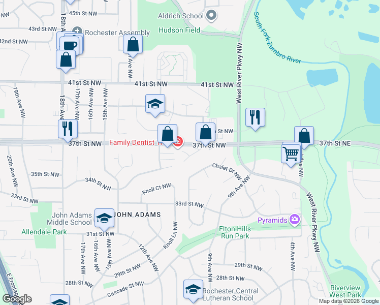 map of restaurants, bars, coffee shops, grocery stores, and more near 3613 10th Lane Northwest in Rochester