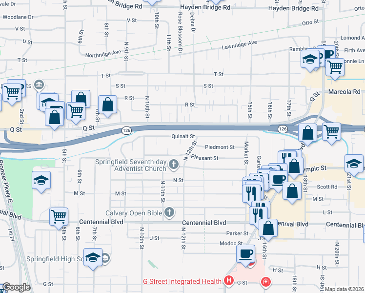 map of restaurants, bars, coffee shops, grocery stores, and more near 1159 Quinalt Street in Springfield