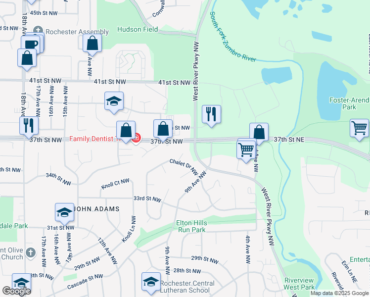 map of restaurants, bars, coffee shops, grocery stores, and more near 3527 9 1/2 Avenue Northwest in Rochester