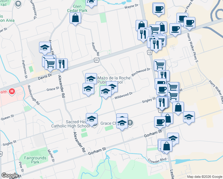 map of restaurants, bars, coffee shops, grocery stores, and more near 99 Carlson Drive in Newmarket