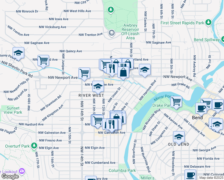 map of restaurants, bars, coffee shops, grocery stores, and more near 1030 Northwest Lexington Avenue in Bend