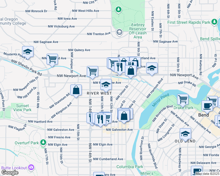 map of restaurants, bars, coffee shops, grocery stores, and more near 1206 Northwest Lexington Avenue in Bend