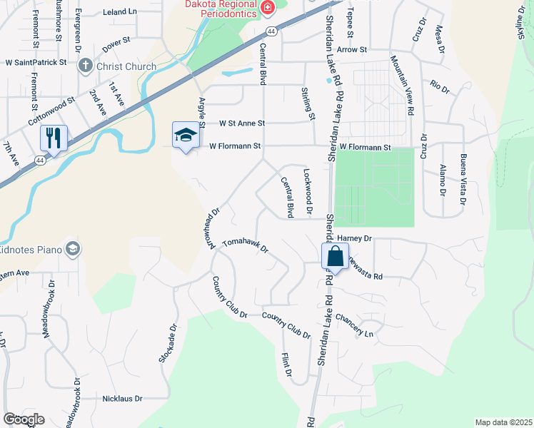 map of restaurants, bars, coffee shops, grocery stores, and more near 2502 Junction Drive in Rapid City