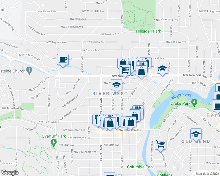 map of restaurants, bars, coffee shops, grocery stores, and more near 1314 Northwest Lexington Avenue in Bend