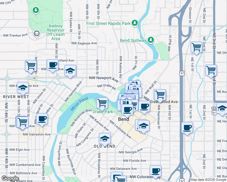 map of restaurants, bars, coffee shops, grocery stores, and more near 105 Northwest Drake Road in Bend