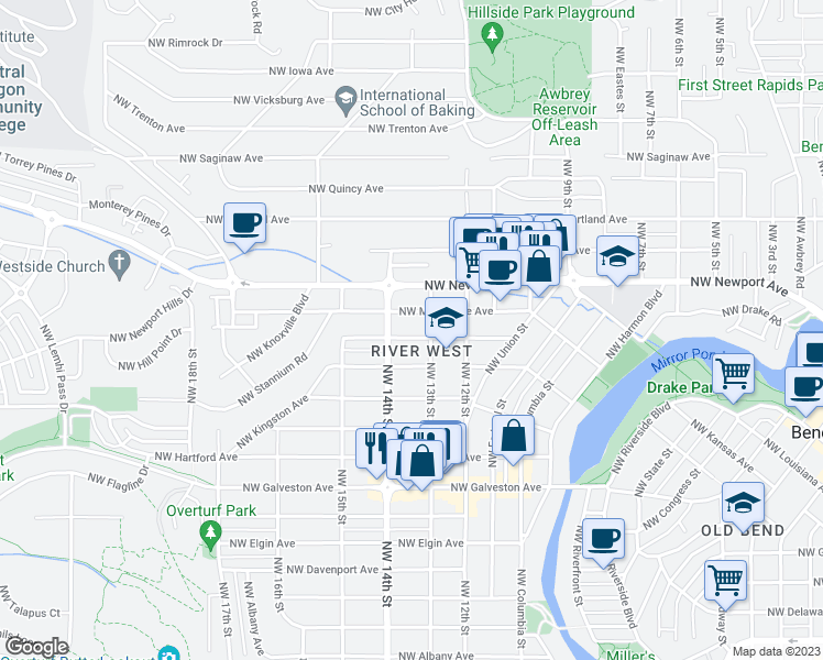 map of restaurants, bars, coffee shops, grocery stores, and more near 1338 Northwest Lexington Avenue in Bend